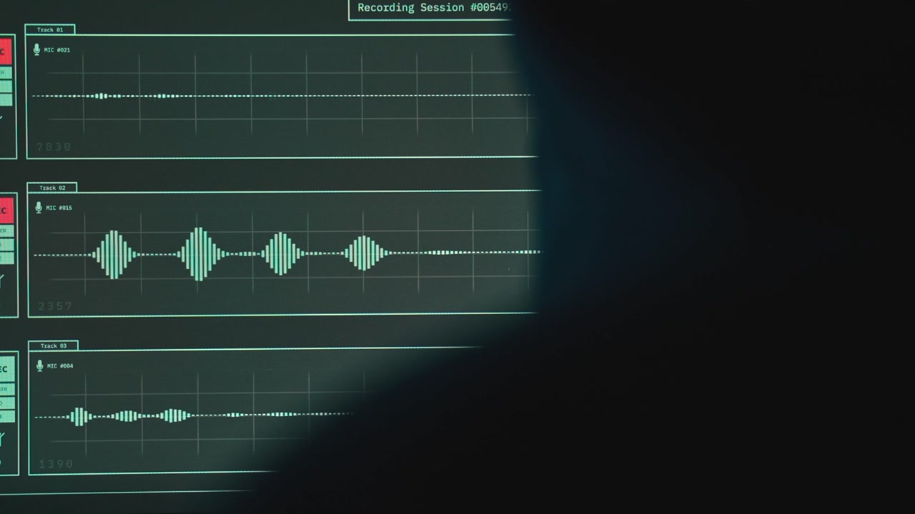 Hooded person listening to voice conversation recording in dark room by computer monitor. Audio sound waves playing. Hacker sitting with headphones. Dark web. Wiretap illegal activity privacy breach