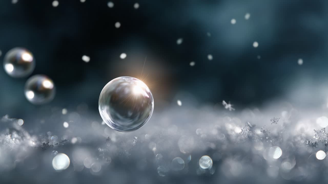 Bulles captivantes flottant au-dessus d’une surface enneigée scintillante, avec un arrière-plan onirique, créant une atmosphère glaciale magique pleine d’enchantement et de merveille