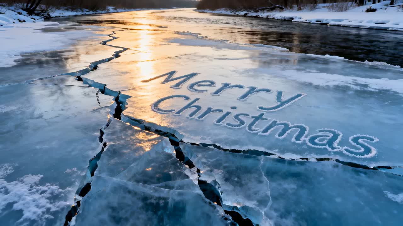 Moving camera slowly showing cracked ice sheet with Merry Christmas etched, revealing far horizon