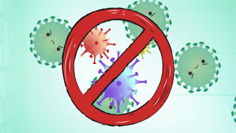 animation of no entry sign over covid 19 cells on green background