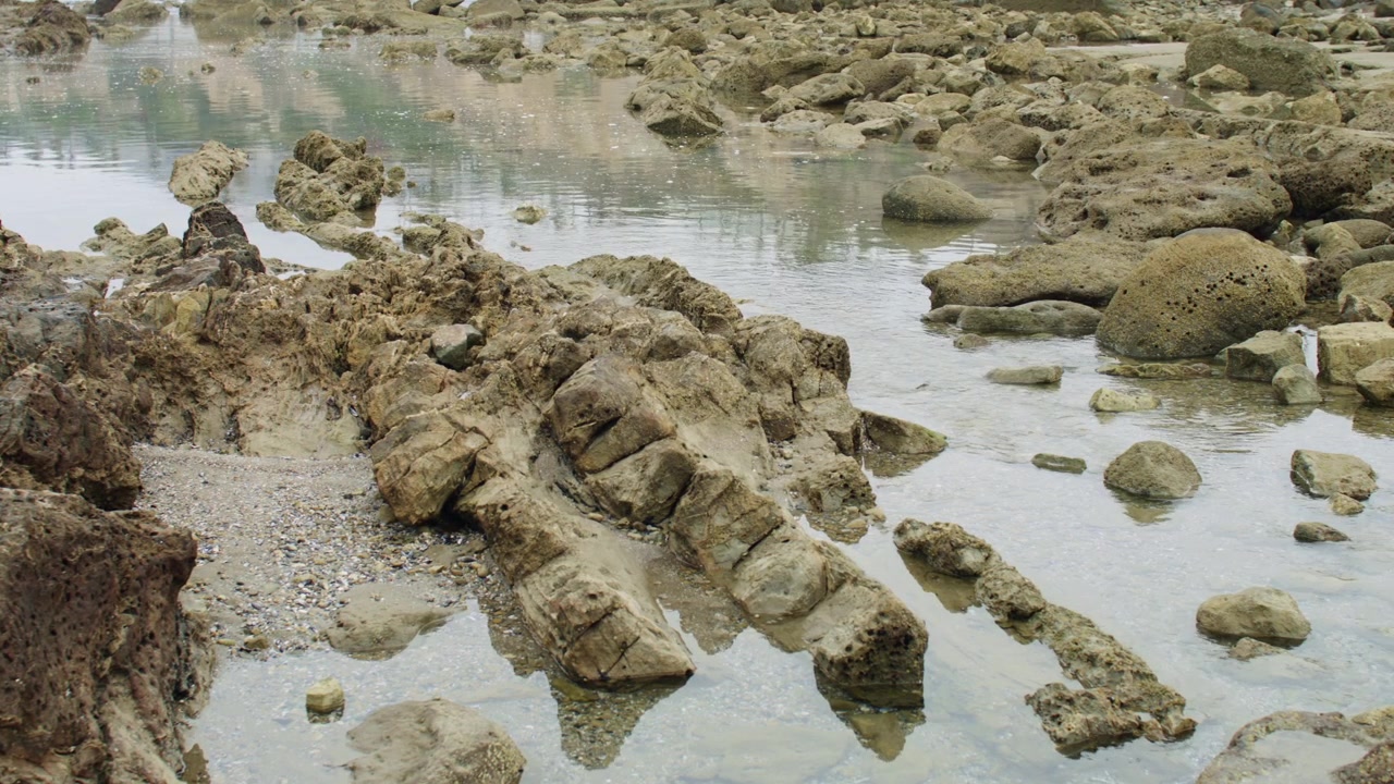 Calma pozza di marea lungo la costa rocciosa del Pacifico che riflette nuvole scure e coperte, circondata da rocce frastagliate della riva.