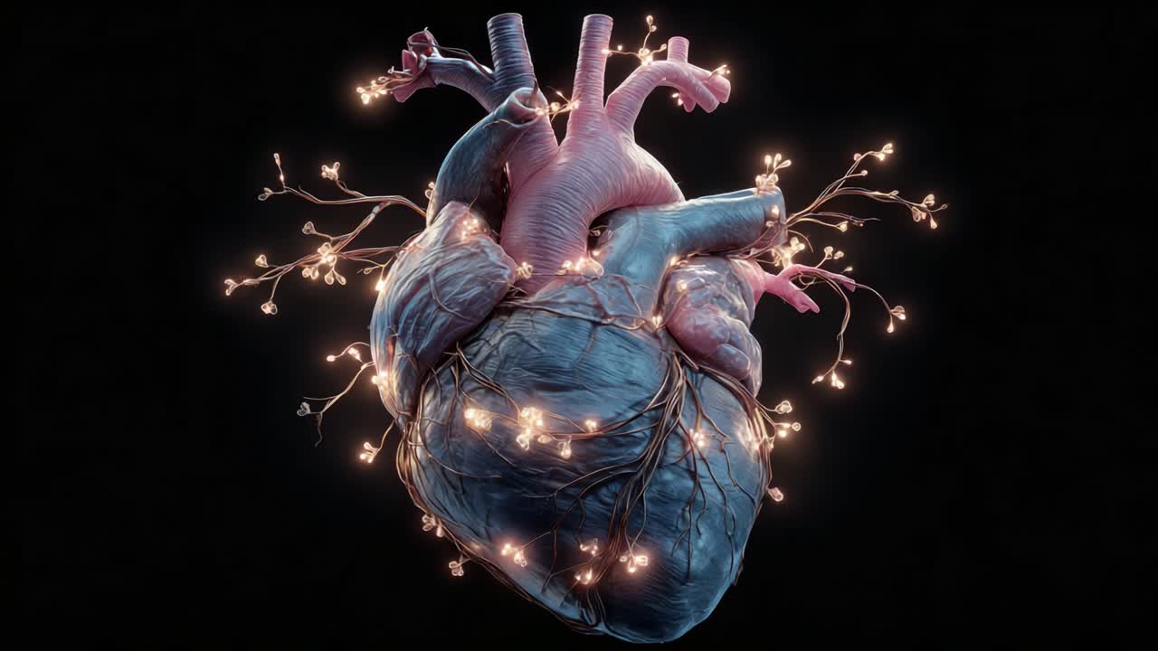 A Stunning Artistic Representation of a Heart Adorned with Glowing Lights and Roots, Symbolizing Life, Love, and Connections in a Dark Background