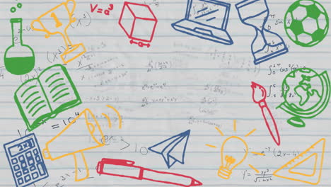 animation of school items icons over mathematical equations on white background