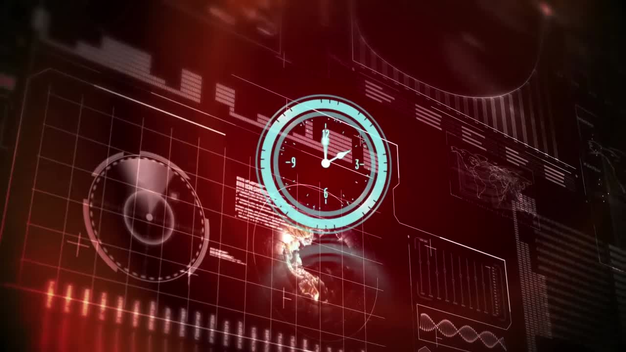 Animazione di lancette che girano su orologio blu, su interfaccia con elaborazione dati.