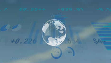animación del icono del globo giratorio y procesamiento de datos estadísticos contra un fondo azul.