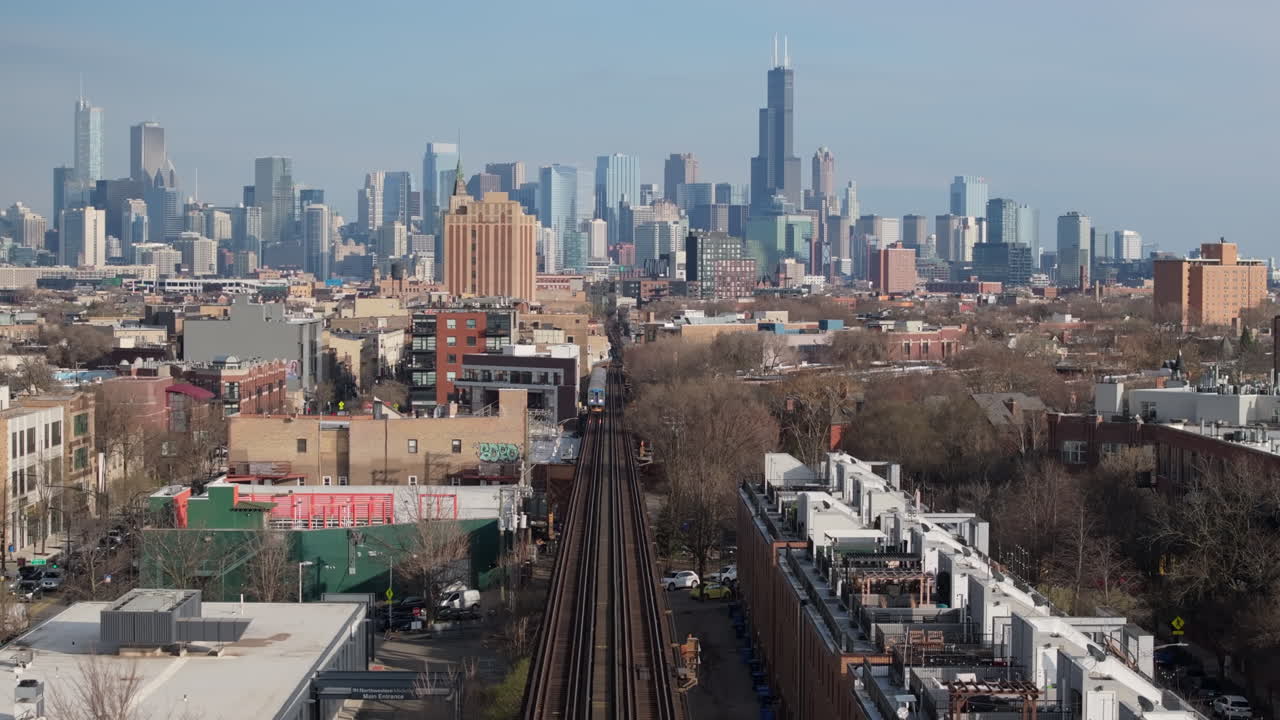 Aerial view of The Chicago L in Bucktown. Shot on a spring day.