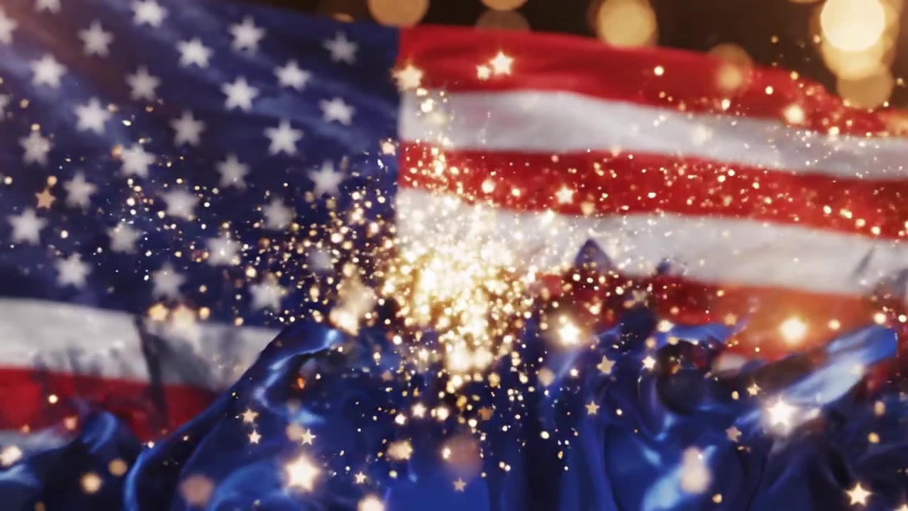 An Elegant Display of a Flowing American Flag Surrounded by Sparkling Lights, Capturing the Essence of National Pride and Celebration in Stunning Detail
