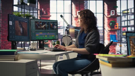 focused editor woman works on video montage in creative software