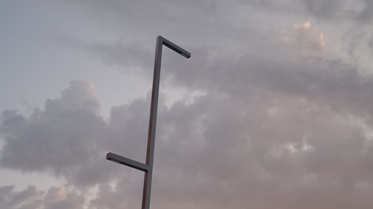 Minimal Lshaped Pole Set Against Pink Sunset Clouds, Strong Vertical Line With Short Horizontal Arm, Serene