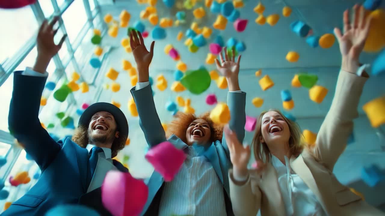 Joyful Celebration with Colorful Confetti and Happy People Embracing the Moment in a Vibrant Indoor Space Filled with Floating Decorations and Laughter