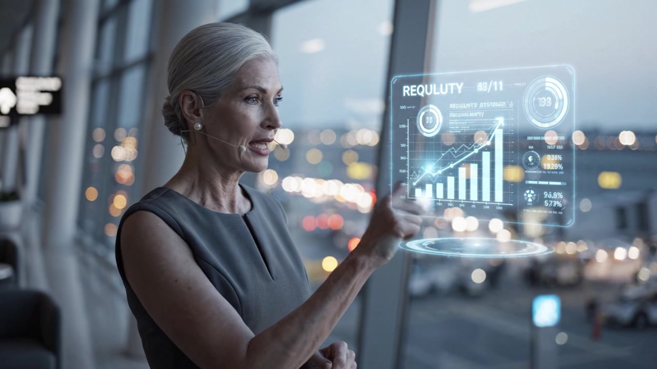 A Businesswoman Analyzing Innovative Data Visualizations at an Airport, Showcasing Technology and Insights for Strategic Decision-Making in Modern Environments
