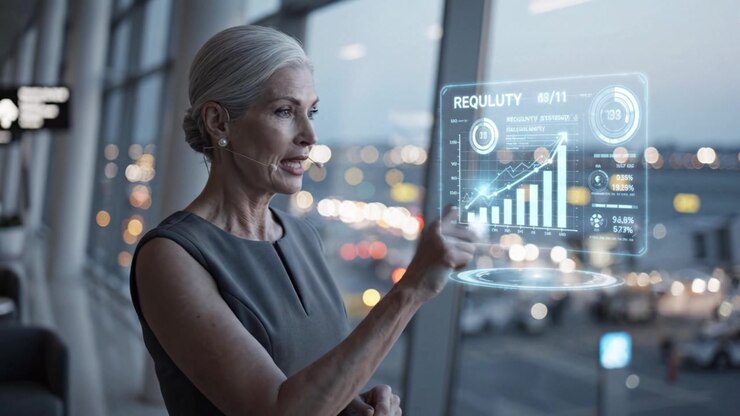 A Businesswoman Analyzing Innovative Data Visualizations at an Airport, Showcasing Technology and Insights for Strategic Decision-Making in Modern Environments