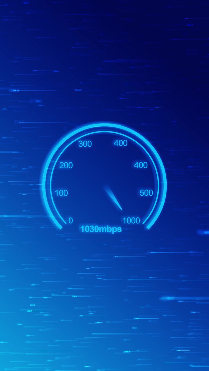 Blue internet speed gauge background glowing circular meter digital numbers moving data lines