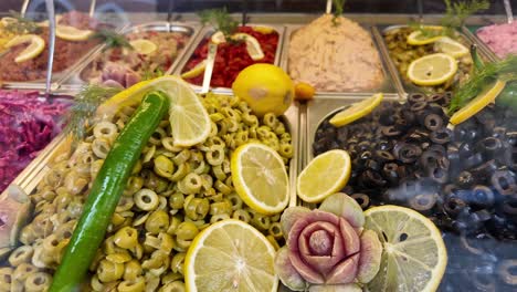 assortment of mezze and salads at a restaurant