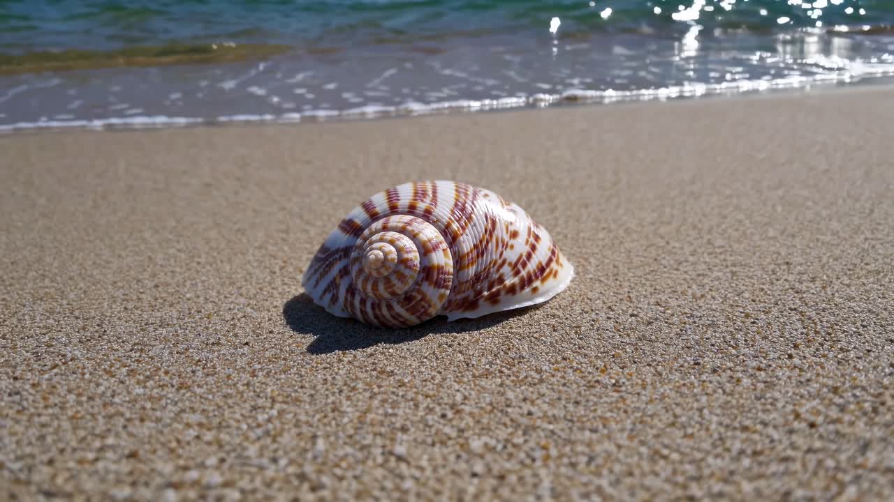 Ángulo de video en primer plano de una concha marina en una playa de arena, con olas del océano al fondo