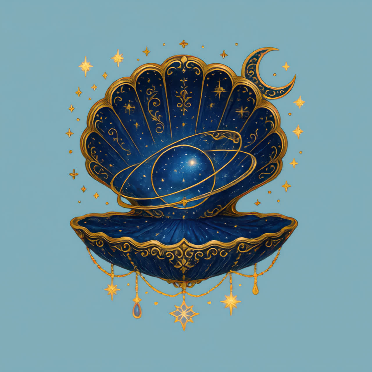 Celestial-themed ornate cosmic shell animation isolated asset, transparent 4K video, alpha channel