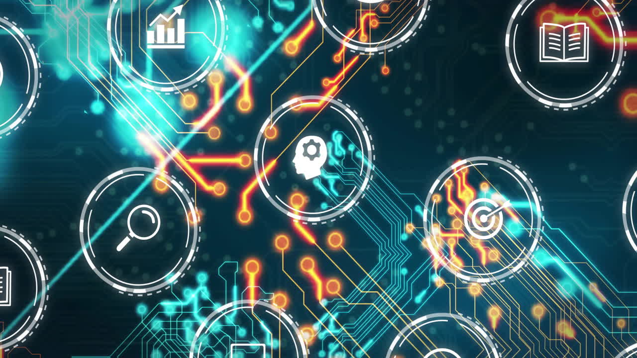 Technology icons and data processing animation over digital network background