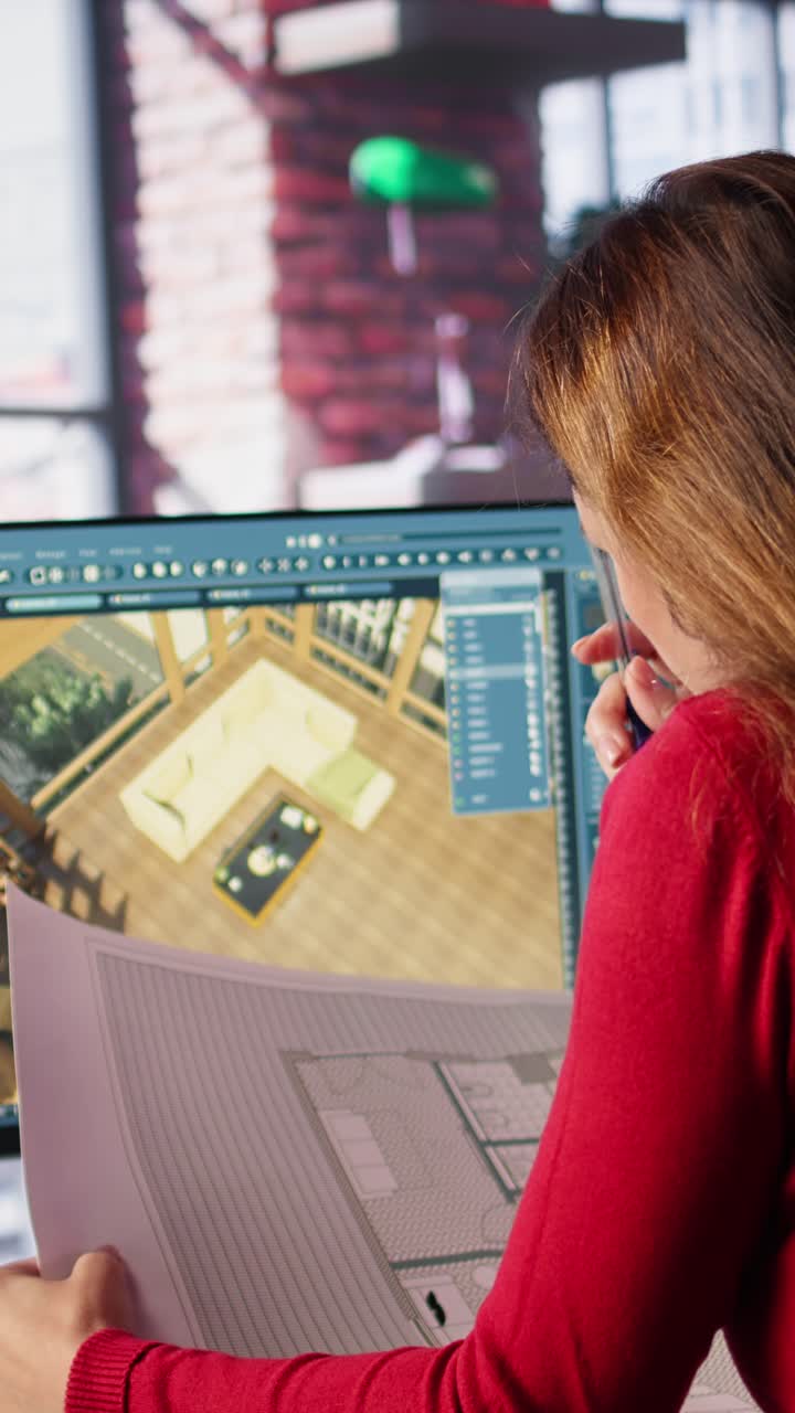 Vertical Video Graphic artist uses architectural software and blueprints to create 3D render