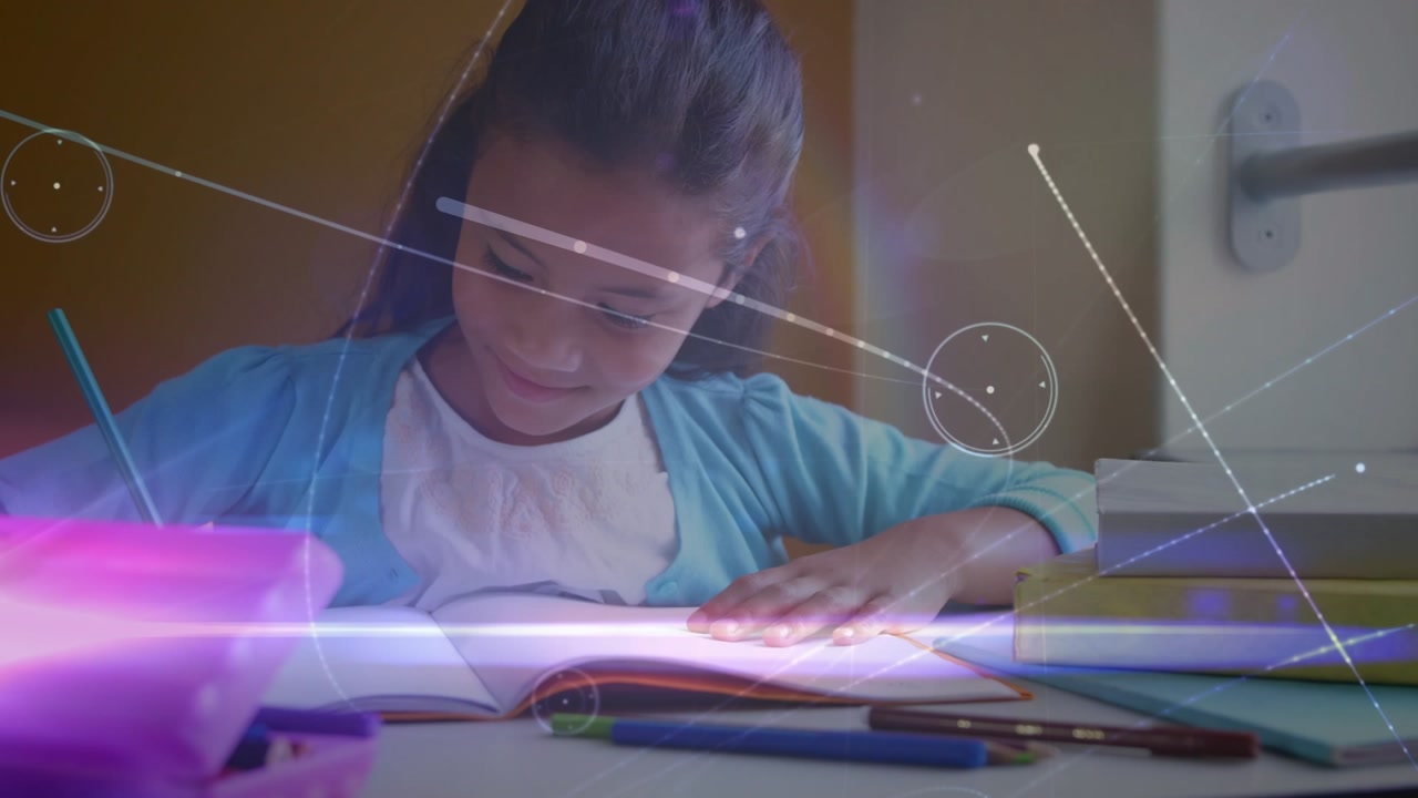 Animation of network of connections over hispanic girl in classroom