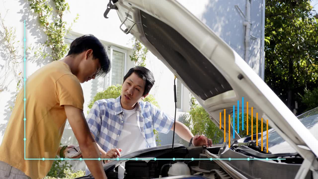 Dad guiding teenager checking fluids with dipstick wiping pouring while data bars overlaying car