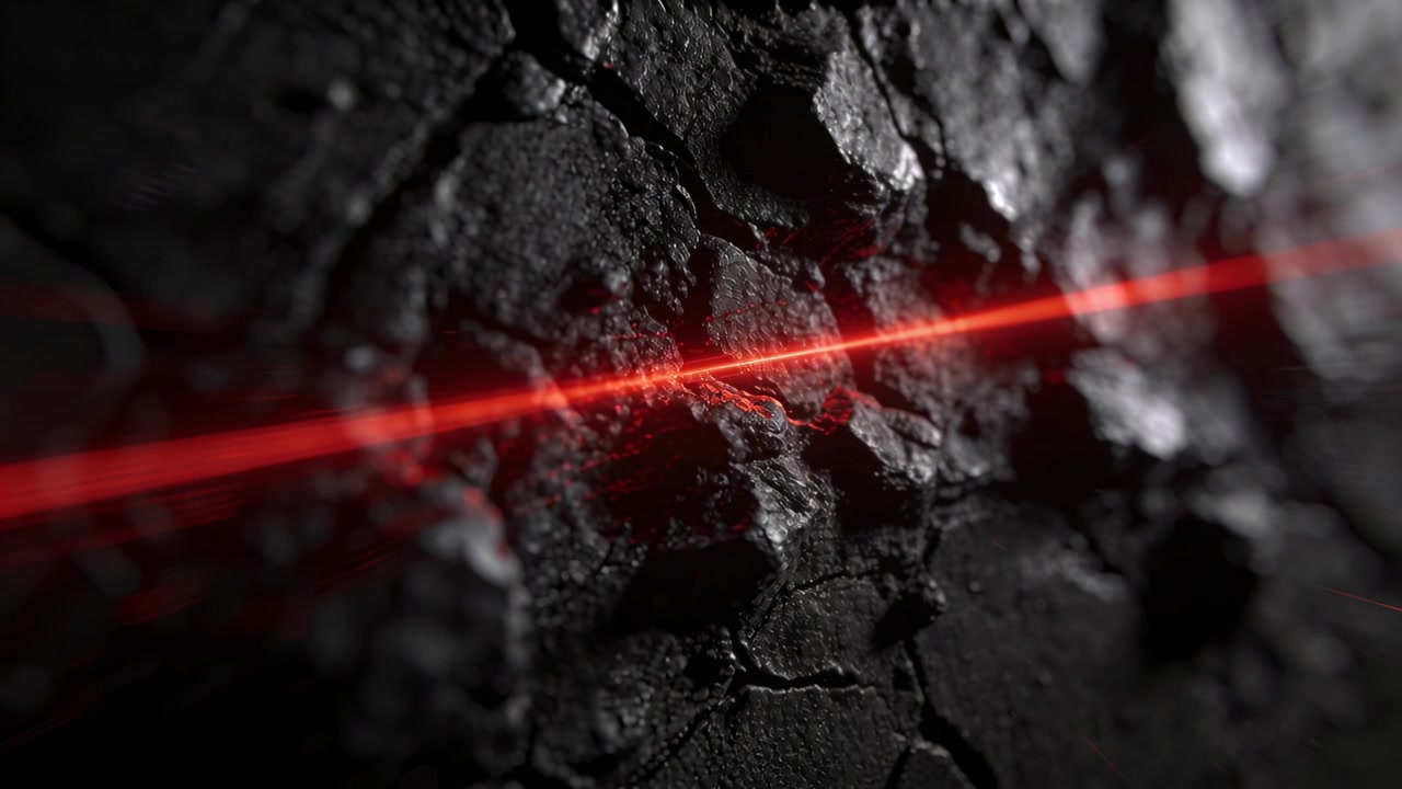 Raggio laser rosso che entra da sinistra, attraversa una superficie ruvida e crepata in un macro scuro, evidenziando i dettagli