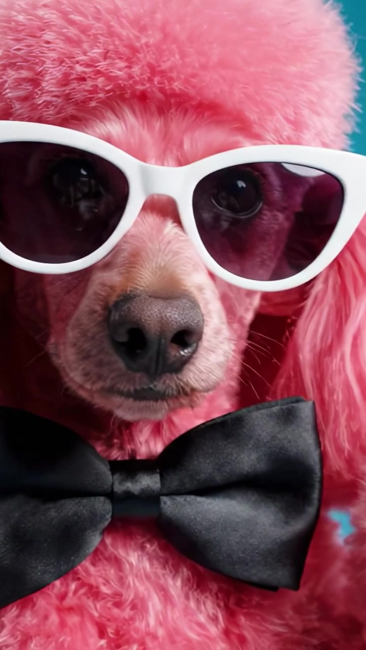Barboncino rosa vestito con stile, con occhiali da sole e papillon, posa in modo accattivante su uno sfondo luminoso in una divertente e stravagante esposizione di moda per animali domestici.