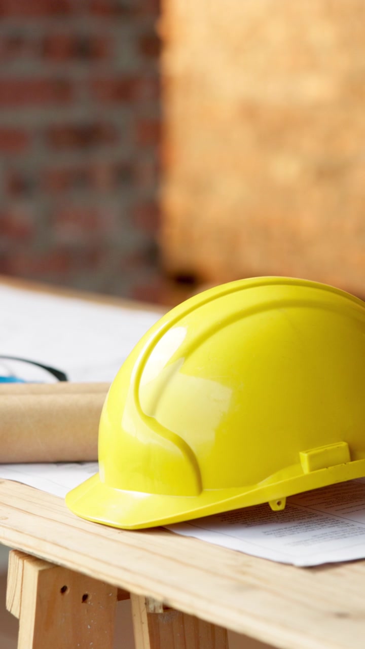 Casco giallo da cantiere su progetti architettonici in un cantiere edile
