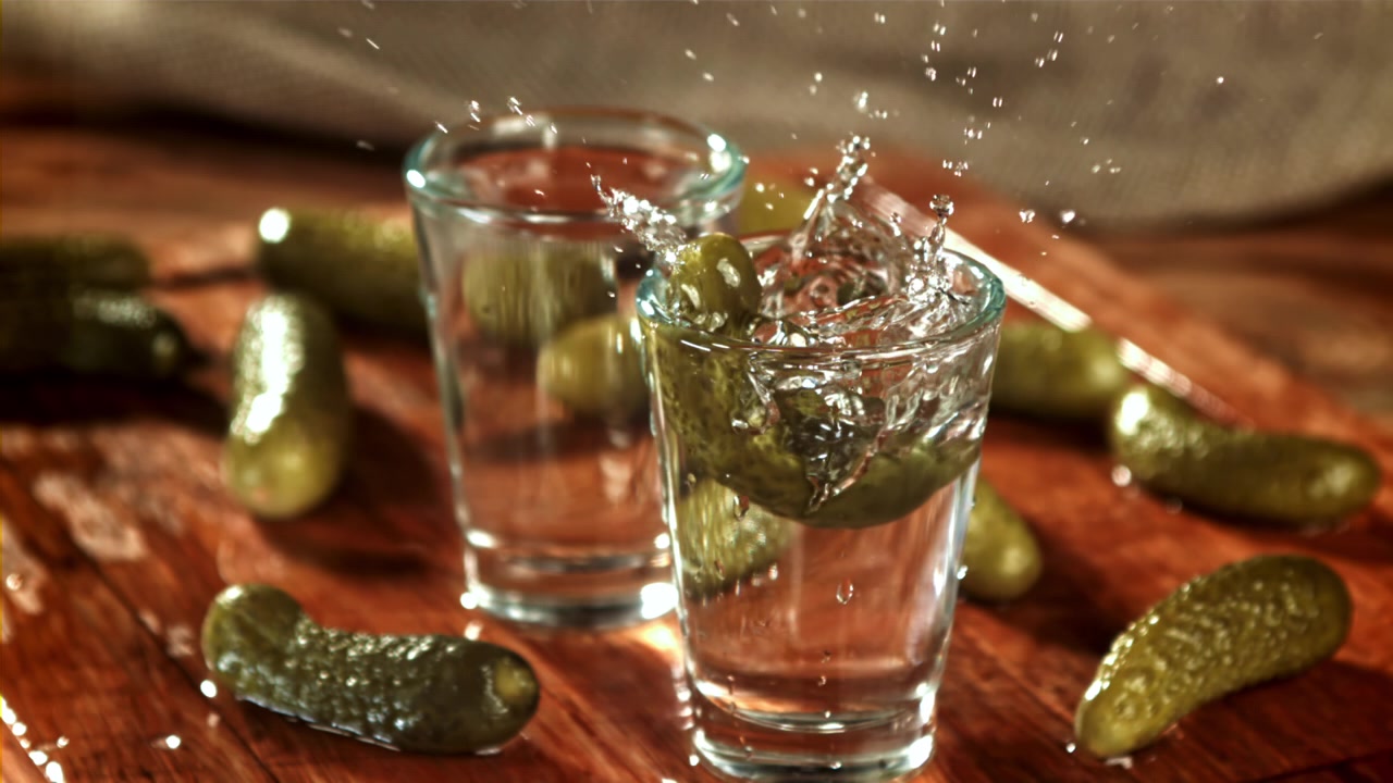 Cetriolino che cade in un bicchierino di vodka al rallentatore