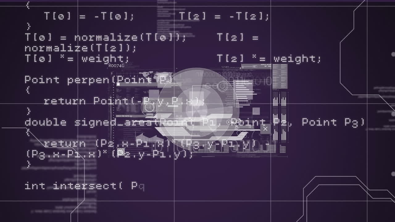 Animation of data processing over scope scanning on black background