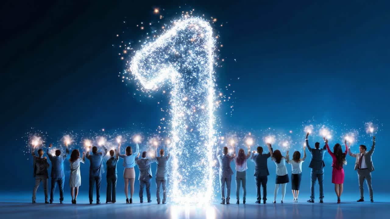 A Vibrant Celebration of Achievement: Spectacular Number One Created with Sparkles and Enthusiastic Crowd, Symbolizing Success, Unity, and Optimism for the Future