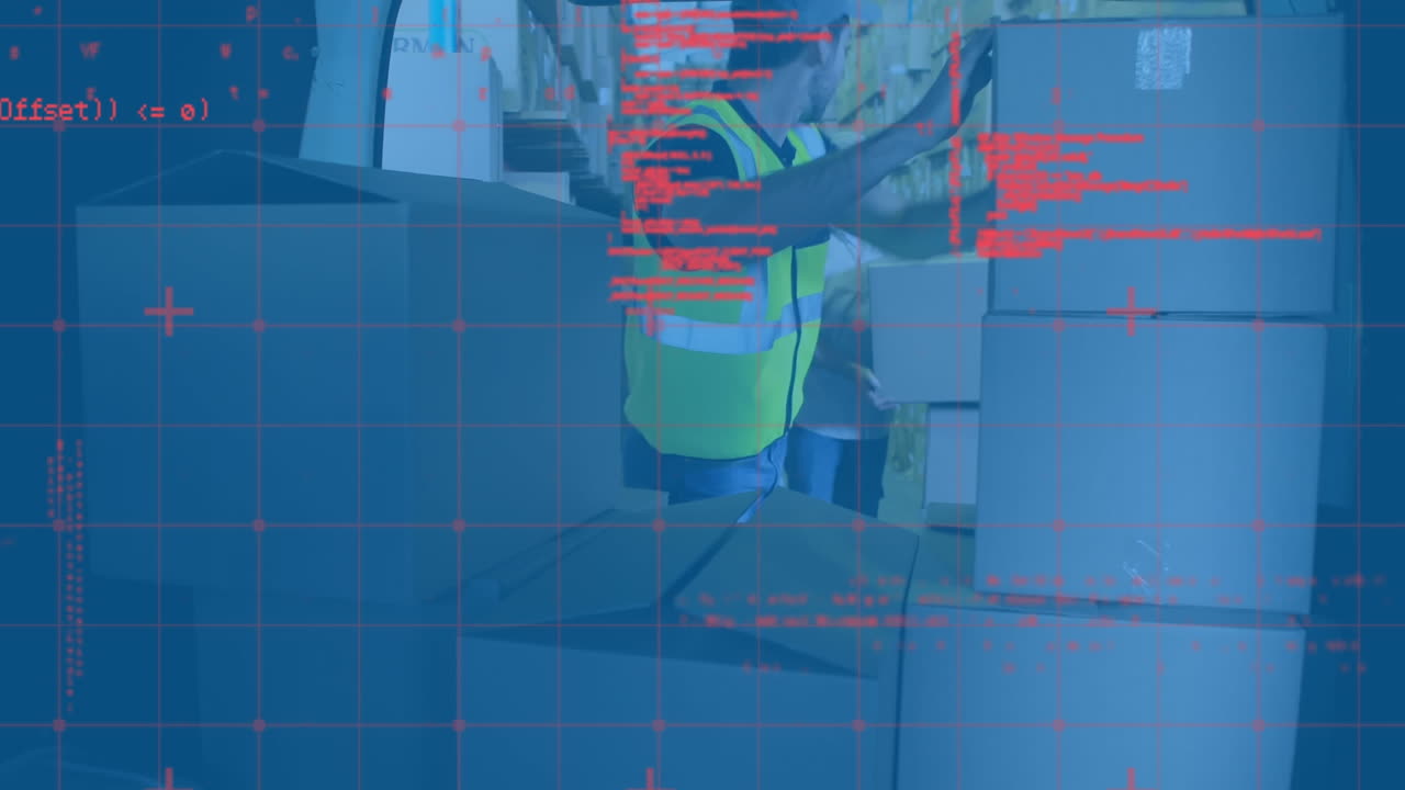 procesamiento de datos a través de la red contra el repartidor caucásico apilando cajas de entrega en su furgoneta