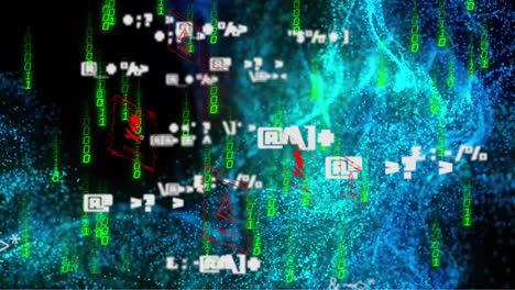 Animación-De-Texto-De-Malware-Con-Calavera-Y-Huesos,-Codificación-Binaria-Y-Procesamiento-De-Datos