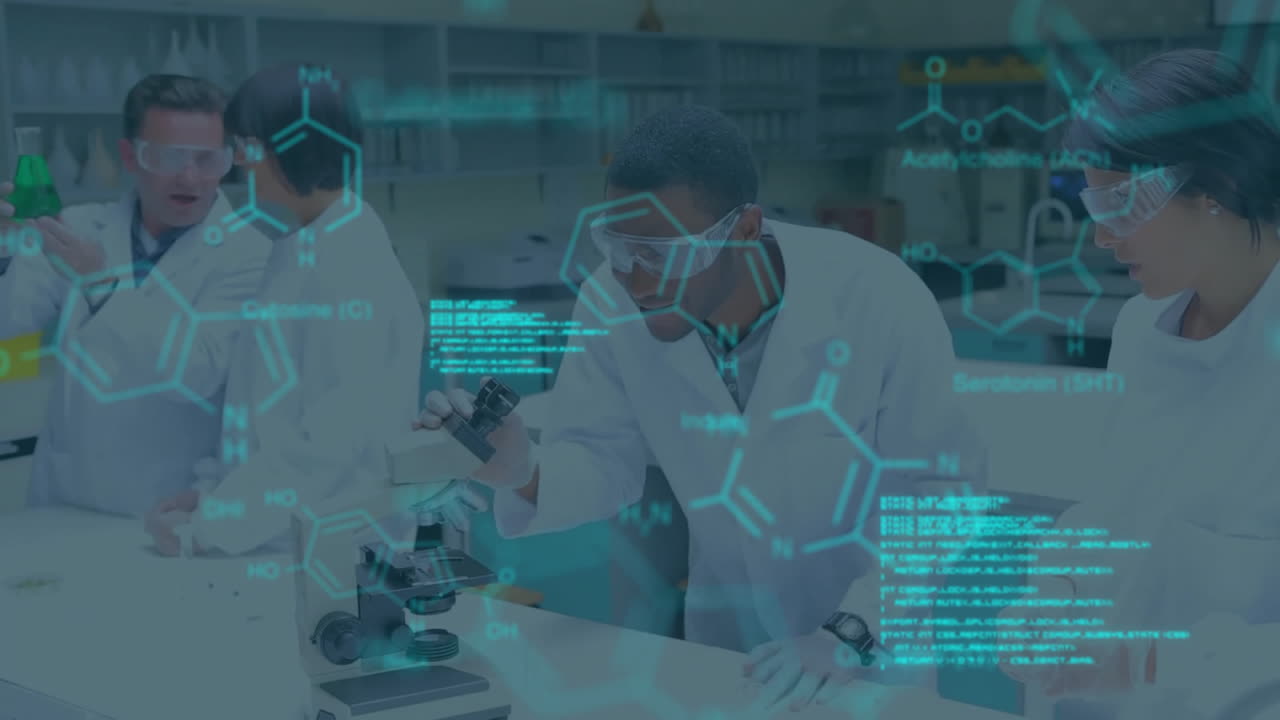 animación del procesamiento de datos sobre diversos científicos en el laboratorio
