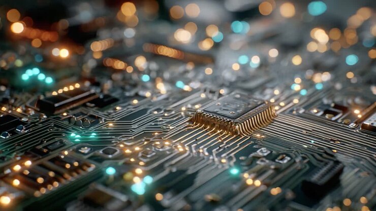 Vista dettagliata di un circuito stampato elettronico intricato con componenti illuminati e microchip complessi, catturato in alta definizione.