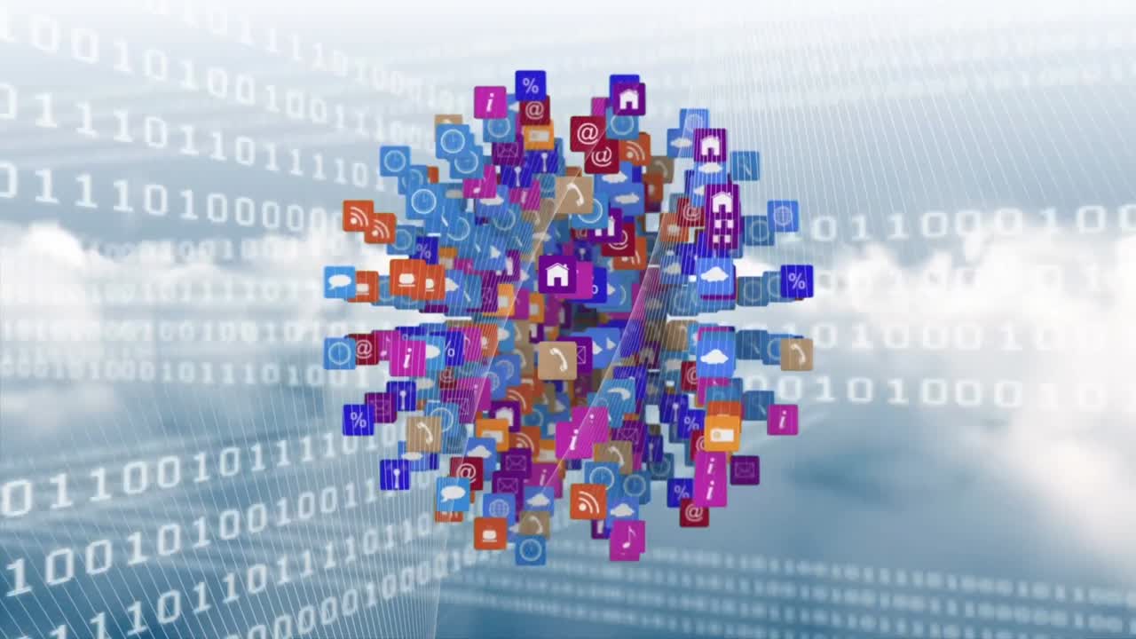 Animation of globe with icons and data processing over sky with clouds