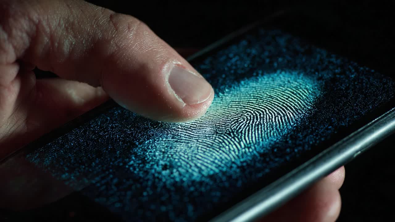 The Intricate Details of a Fingerprint Scanning Process on a Smartphone Touchscreen, Capturing the Precision of Biometric Security Technology