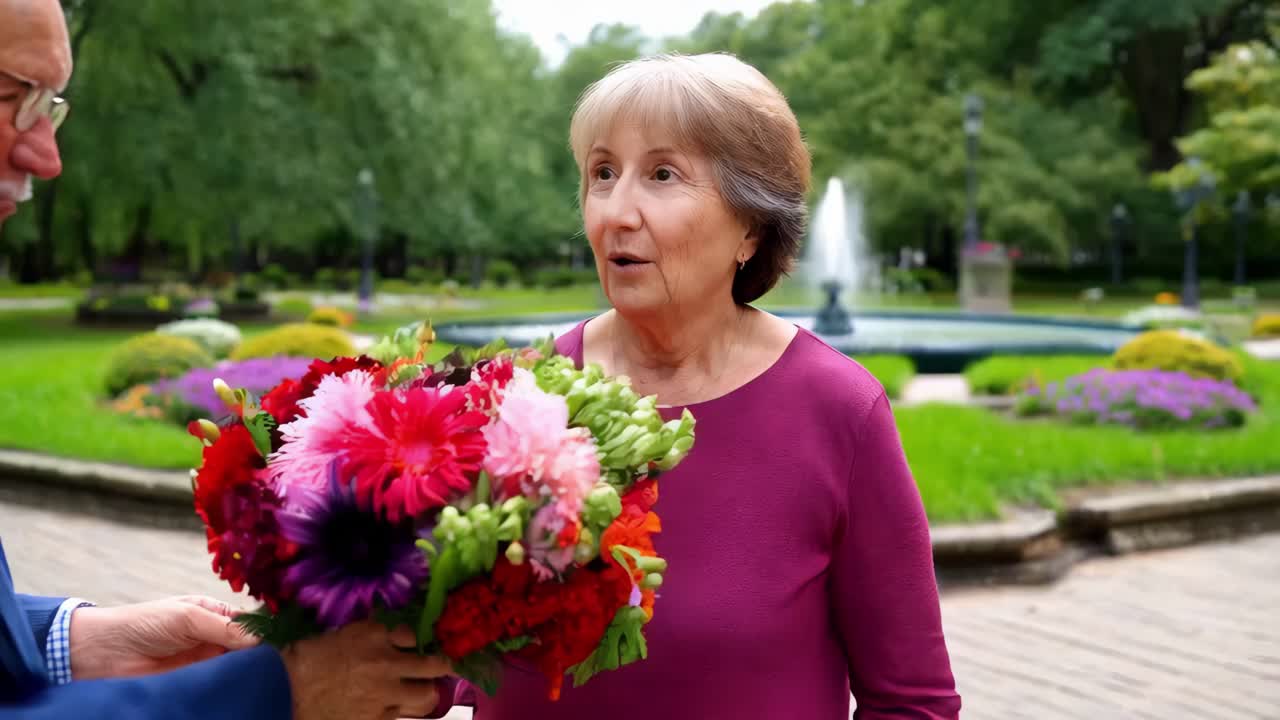 una pareja de ancianos en un parque intercambian flores.