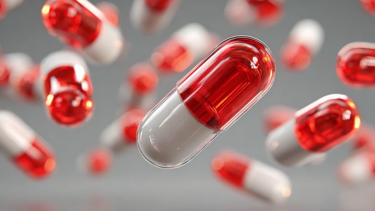 Suspended Capsules in Motion: A Dynamic Display of Red and White Pharmaceutical Capsules Afloat against a Subtle Gray Background, Capturing the Essence of Modern Medicinal Innovation