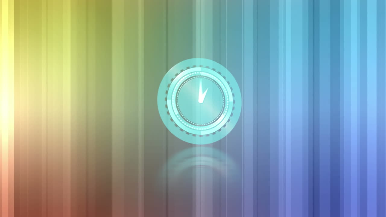 Animazione di un orologio che si muove velocemente su uno sfondo digitale colorato a linee.