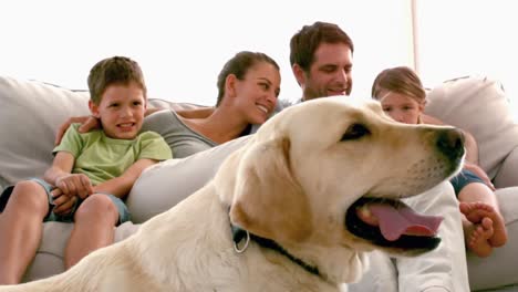 Familie-Sitzt-Auf-Der-Couch-Mit-Labrador-Hund-Im-Vordergrund