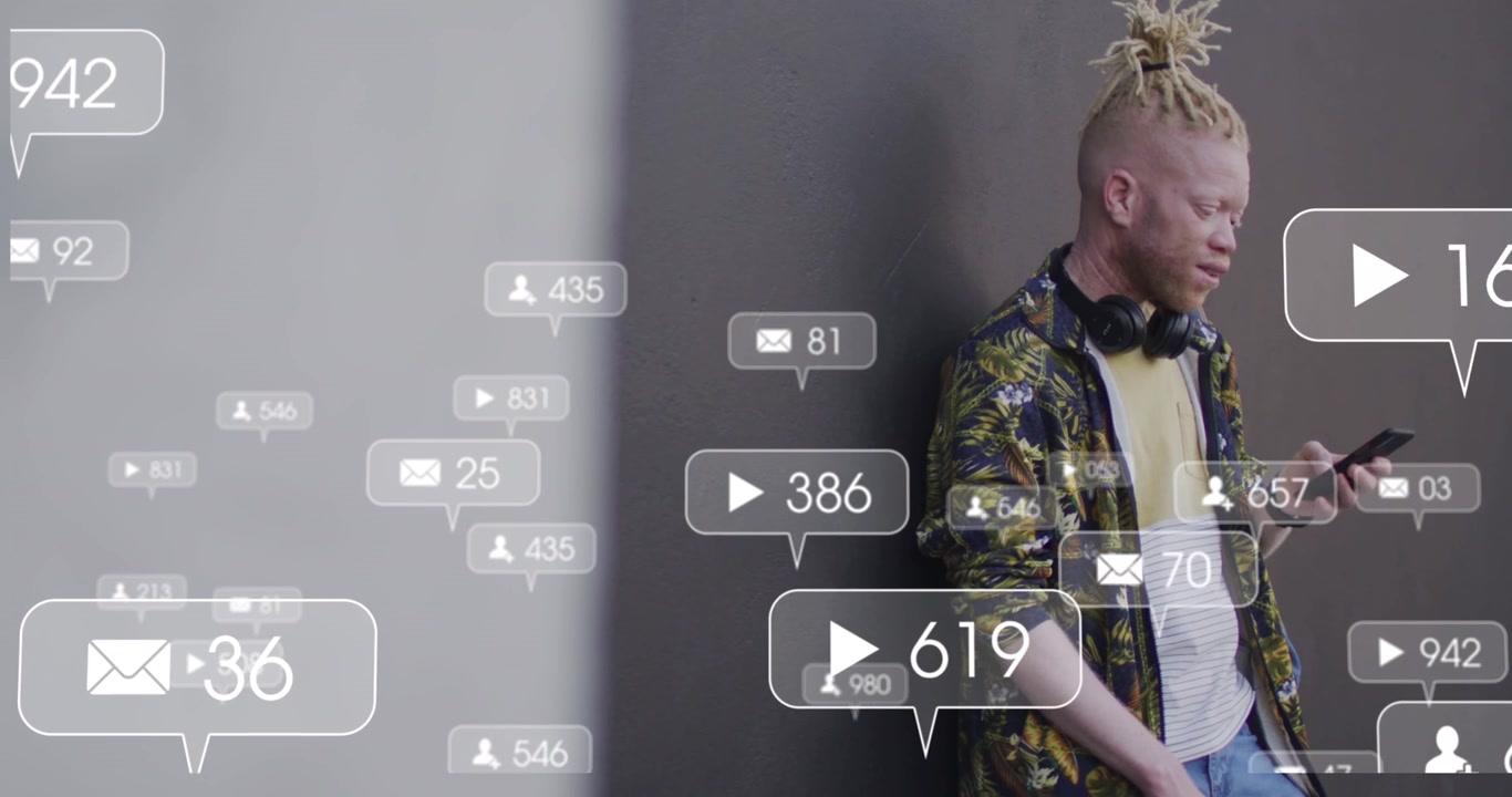 Animation of social media data processing over albino man on smartphone