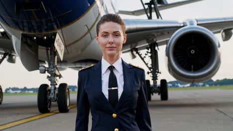 piloto femenina profesional de pie con confianza cerca de la aeronave, con uniforme nítido, irradiando liderazgo y experiencia en la pista del aeropuerto durante las horas de luz del día