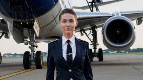 professional female pilot standing confidently near aircraft, wearing crisp uniform, radiating leadership and expertise on airport runway during daylight hours