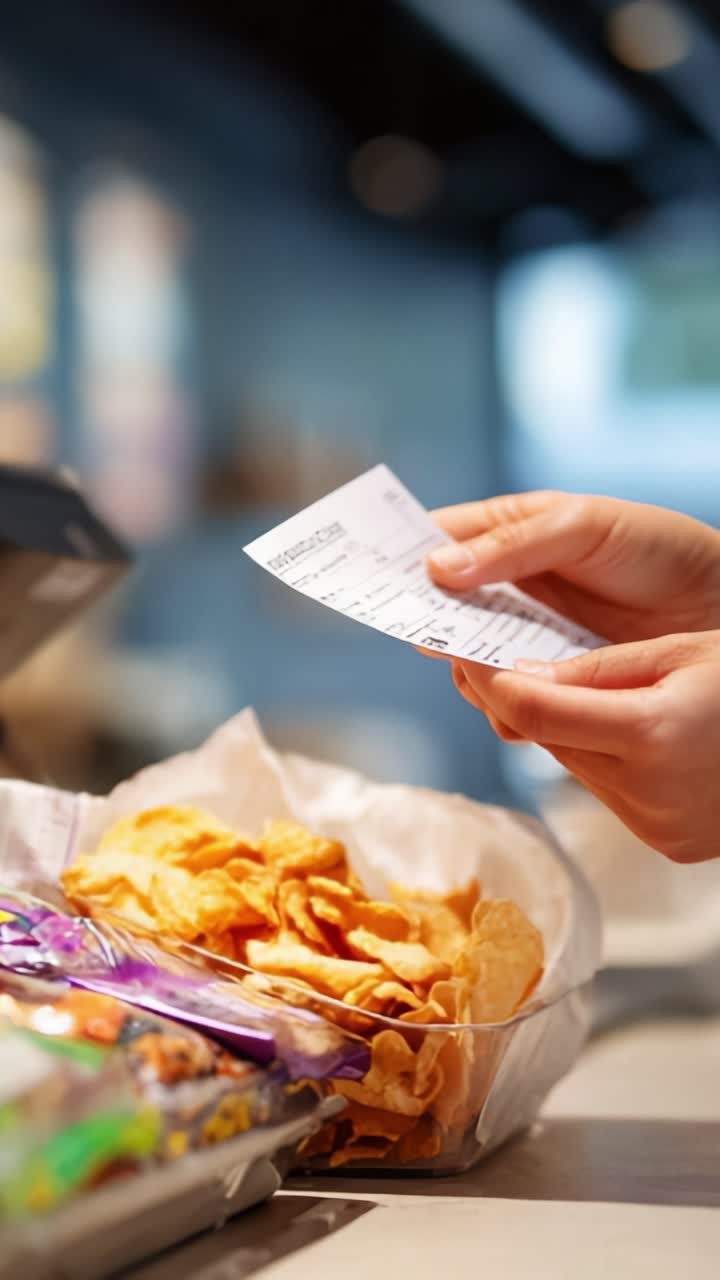 A person holds a receipt while examining a bowl of crispy snacks, captured in a moment of anticipation and enjoyment at a snack counter