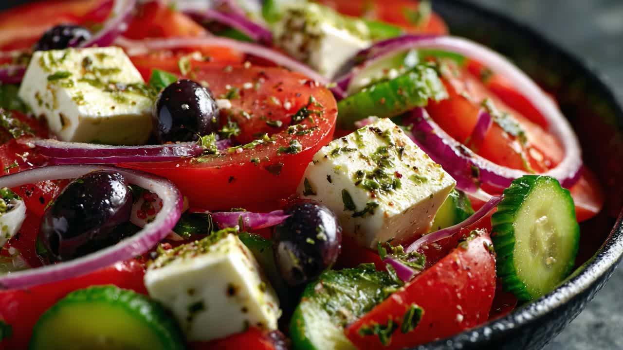 A vibrant and fresh salad showcasing vibrant tomatoes, crisp cucumbers, and creamy feta cheese, garnished with black olives and aromatic herbs, perfect for healthy meals