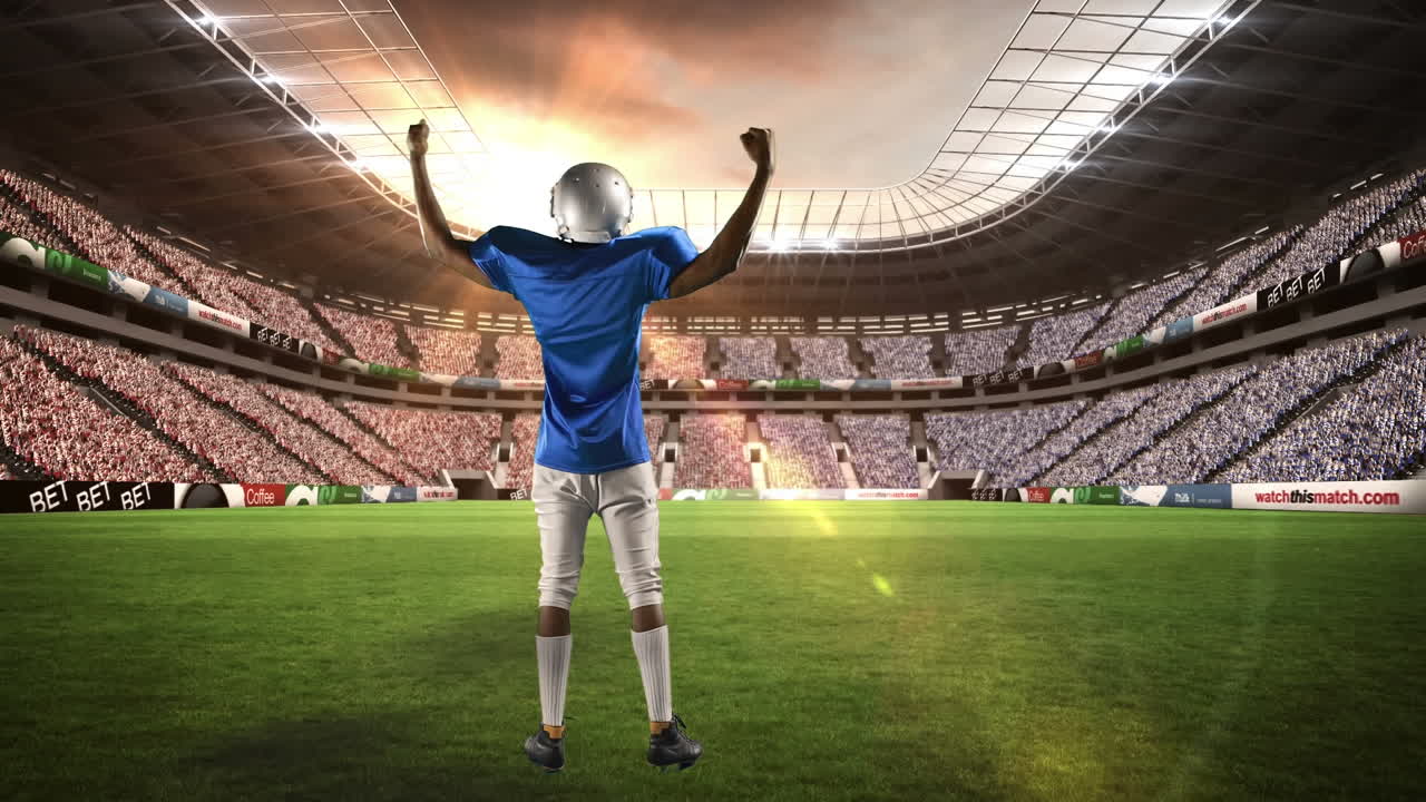 animación de un jugador de fútbol americano sobre un estadio deportivo