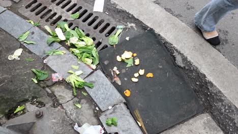 vegetable waste scattered near a street drain