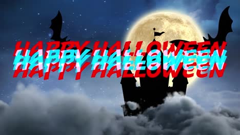 Animation-of-happy-halloween-text-over-castle-and-bats