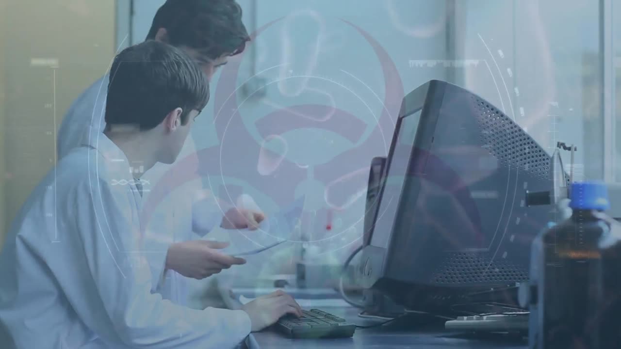 건강 위험 표지판의 애니메이션과 백그라운드에서 실험실에서 일하는 과학자 의사들. covid1