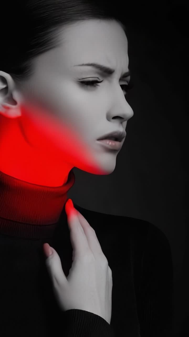 Una sorprendente rappresentazione artistica di una donna dai tratti delicati, avvolta in un gioco di luci e ombre, che mostra un affascinante bagliore rosso su uno sfondo monocromatico.